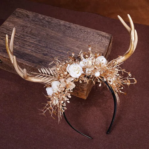 Miniatura 3 de MOSTORY Diadema hecha a mano con cuernos de flores doradas, diadema de cuernos de ciervo y bosque, diadema de reno floral para mujeres y niñas