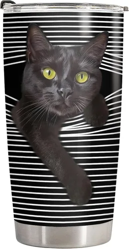 Miniatura 2 de 34HD Taza Negra de Gato con Tapa, 20 oz de Acero Inoxidable con Aislamiento al Vacío, Oculta y Busca Gato, Regalos Graciosos de Gato para Hombres