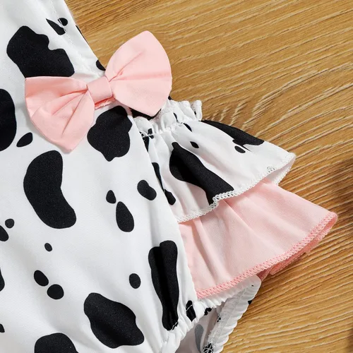 Miniatura 5 de IDOPIP Baby Girls Cow Print Romper Summer Sleeveless Jumpsuit Ruffle Backless Sunsuit Dress with Headband Cow Birthday Outfit