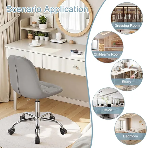 Miniatura 4 de VECELO Silla de escritorio para casa y oficina sin brazos, altura ajustable, de piel sintética PU, giratoria 360 grados con ruedas, elegante y Gris