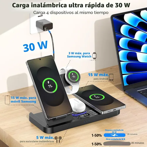 Miniatura 3 de Cargador inalámbrico magnético para Samsung, 6 en 1 para estación de carga Samsung, teléfono dual de 30 W con interruptor automático de luz y reloj