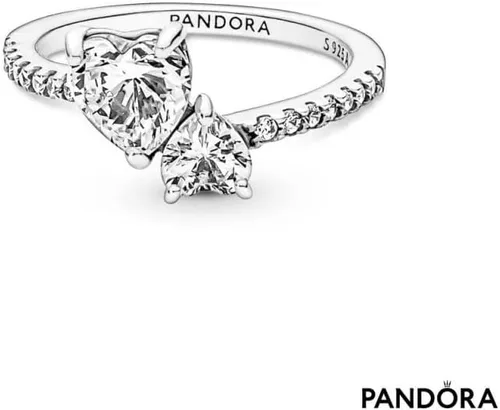 Miniatura 2 de PANDORA Anillo brillante de doble corazón, talla 50, Cobre, plata de ley, circonita, Zirconia cúbica