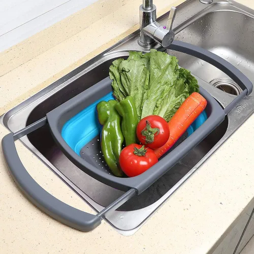 Miniatura 5 de Qimh Colador plegable, colador sobre el fregadero, coladores de alimentos con asas extensibles, 6 cuartos de galón, colador plegable de cocina apto