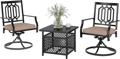 Miniatura 12 de PHI VILLA Juego de comedor de 3 piezas para patio al aire libre, mesa redonda de metal con listones y 2 sillas de patio, juego de muebles de Negro