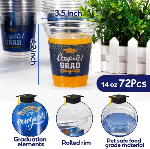Miniatura 2 de Decoraciones de graduación 2026-72 vasos de plástico de graduación azules de 14 onzas para fiestas de graduación, desechables, suministros