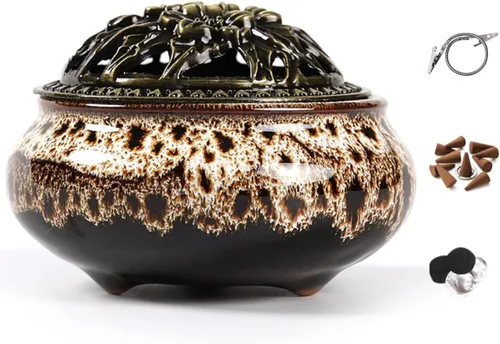 Miniatura 8 de Censer - Quemador de incienso azul cielo con soporte para varillas de incienso de calabaza - Incensario de porcelana para carbón para uso con resina