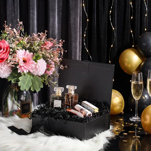 Miniatura 4 de Zonon - Caja de regalo de lujo color negro y rosa con tapa y cinta, bolsa de regalo de 9 x 7 x 3 pulgadas, con tarjeta de felicitación, papel