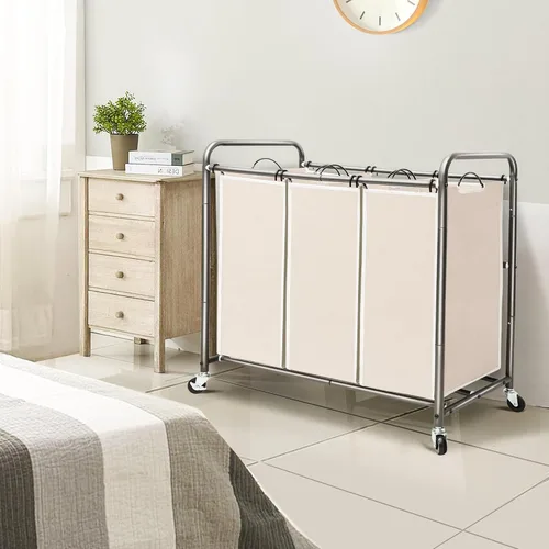 Miniatura 2 de STO STO Organizador de ropa sucia de 3 secciones, cesta de ropa con 3 bolsas, cesta de lavandería con ruedas resistentes y bolsa extraíble para Beige