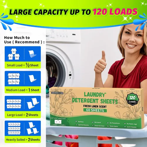 Miniatura 4 de Sábanas de detergente para ropa – Fresh Linen 120 Cargas de detergente para ropa sucia a granel, detergente de viaje a granel, ecológicas e