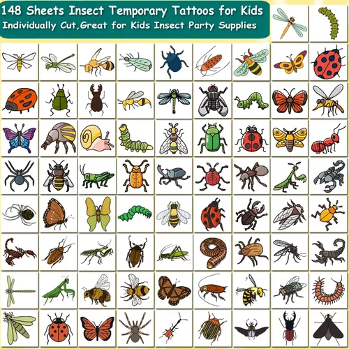 Miniatura 2 de CHARLENT 148 hojas individuales de tatuajes temporales de insectos para niños, tatuajes de insectos para niños, suministros de fiesta de cumpleaños