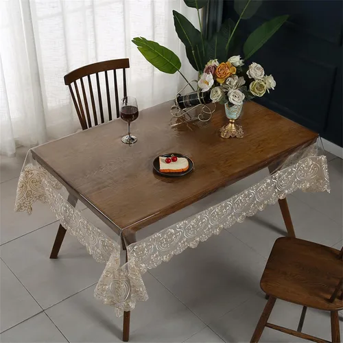 Miniatura 3 de Mantel rectangular de plástico transparente de vinilo impermeable, borde de encaje bordado, mantel transparente para comedor, cocina al aire libre