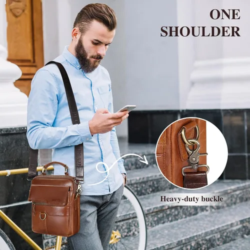 Miniatura 6 de BAIGIO Bolso bandolera de cuero genuino para hombre, bolso de mensajero pequeño para hombre, bolso de cuero para regalo de padre