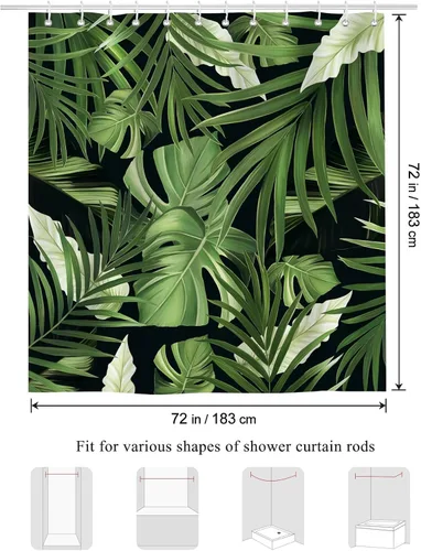 Miniatura 6 de Bonhause Cortina de ducha con hojas tropicales, diseño de naturaleza selva, hoja de palmera verde oscuro, planta Monstera, cortina de baño de 72 x