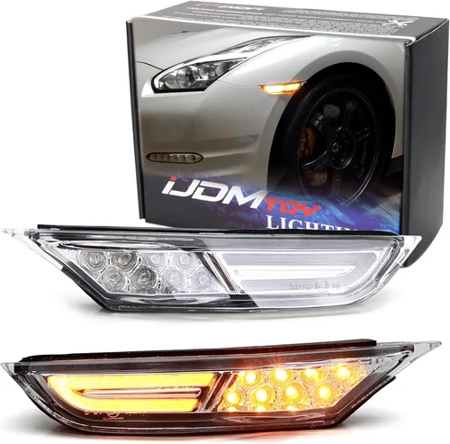 iJDMTOY JDM - Kit de luz de marcador lateral frontal 3D ámbar transparente compatible con Nissan GT-R 2007 en adelante, alimentado por 30 diodos