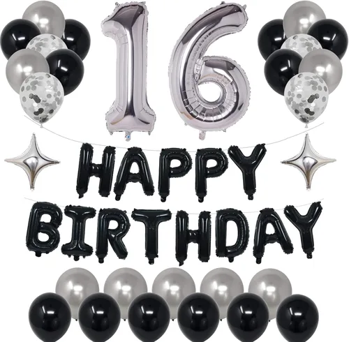 Miniatura 25 de Decoraciones de fiesta de cumpleaños color negro y plateado para niños y niñas, suministros de fiesta de cumpleaños número 14 con pancarta negra