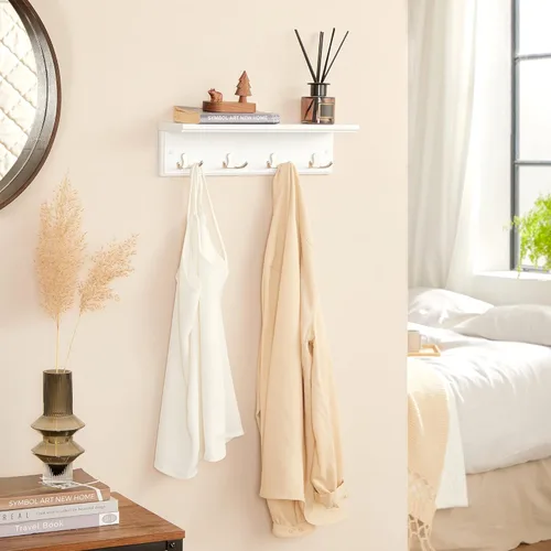 Miniatura 5 de SONGMICS Perchero colgante de entrada, estante de madera montado en la pared, con 4 ganchos dobles, estante flotante de pared, blanco ULHR42WT