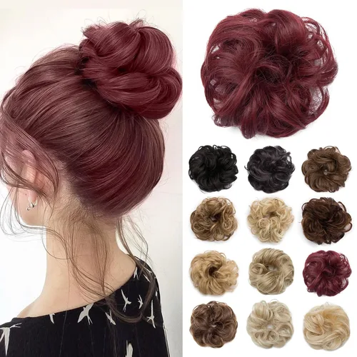 Miniatura 19 de Benehair Moño desordenado, pieza de pelo recogido para mujer, esponjoso, ondulado, moño con dona, moño sintético con banda elástica de goma