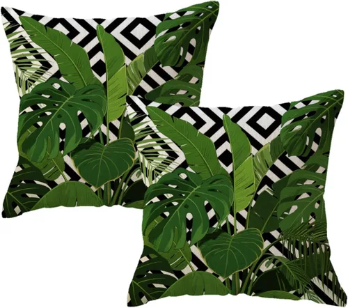 Miniatura 11 de ULOVE LOVE YOURSELF Paquete de 2 fundas de almohada cuadradas decorativas con diseño de hojas verdes tropicales con fondo geométrico, fundas