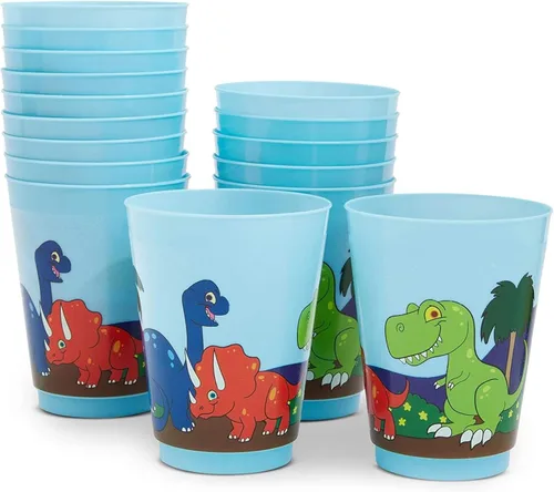 BLUE PANDA Paquete de 16 tazas de dinosaurio de plástico para niños, recuerdos de fiesta de dinosaurios de dibujos animados para suministros de