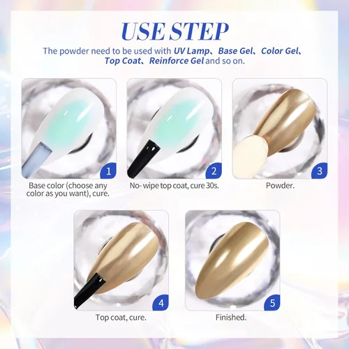 Miniatura 8 de BORN PRETTY Polvo de uñas cromado, polvo cromado holográfico de espejo metálico de perla blanca para uñas, kit de polvo de pigmento con purpurina