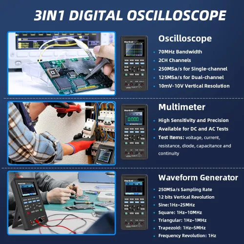 Miniatura 2 de Hantek Osciloscopio 2D72, 2+1 CH 70MHz con generador de formas de onda y multímetro, probador multifunción 3 en 1, 2CH+AFG+DMM