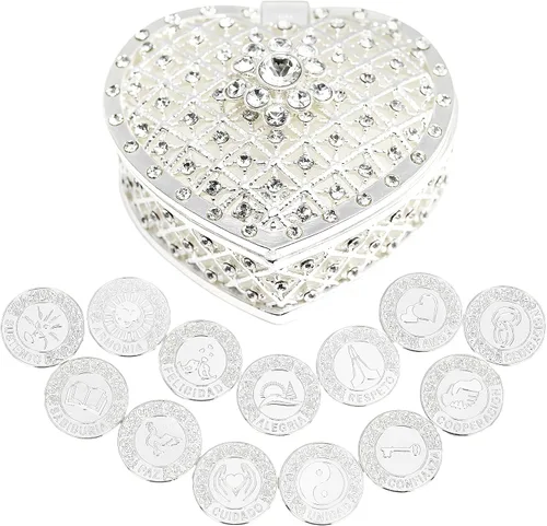 Miniatura 10 de TINGKU 13 palabras españolas Las Arras para Boda Católica, juego de monedas de unidad de boda con caja en forma de corazón, Arras de Boda Cristiana