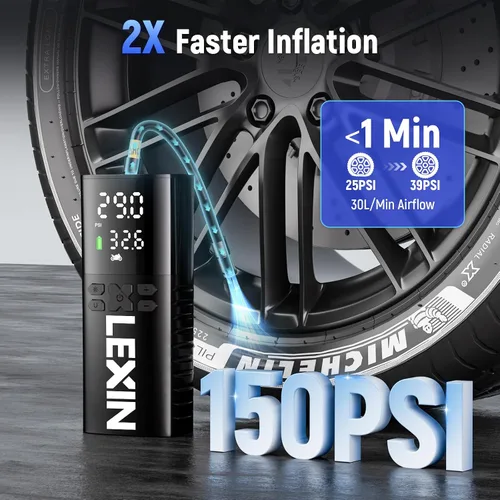 Miniatura 2 de LEXIN P4 Inflador de neumáticos, compresor de aire portátil, bomba de aire eléctrica de 150 PSI para neumáticos de automóvil, con medidor de presión