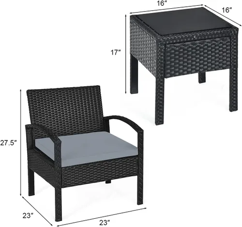 Miniatura 5 de Tangkula Juego de 3 piezas para conversación de patio, juego de sofá de ratán al aire libre con cojines de asiento y mesa auxiliar, juego de muebles