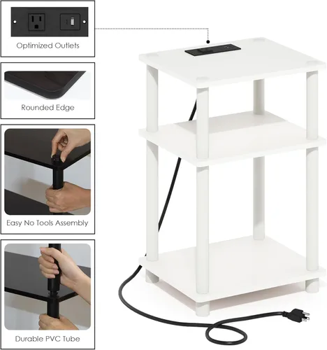 Miniatura 5 de Furinno JUST - Mesa auxiliar moderna de 3 niveles con estación de carga, mesita de noche de fácil montaje, mesita de noche con puerto USB y tipo C