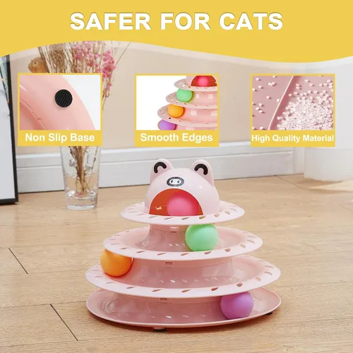 Miniatura 4 de Gefryco Cat Toys - Pista de rodillos de 4 niveles, juguete de torre giratoria para gatos con pelotas de persecución coloridas, juguetes interactivos