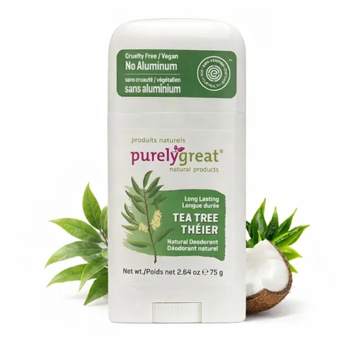 Purelygreat Desodorante natural perfumado de árbol de té para mujeres y hombres, esencial para la higiene apta para viajes, desodorante limpio sin