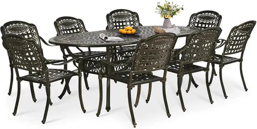 Miniatura 32 de Juego de comedor de patio de 9 piezas, mesa y sillas de patio al aire libre, mesa de comedor ovalada de aluminio fundido de 84 pulgadas con agujero