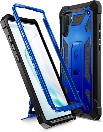 Poetic Spartan Series diseñada para Samsung Galaxy Note 10, resistente de doble capa de color metálico con textura de cuero de primera calidad, Azul