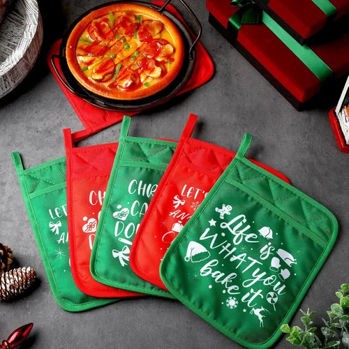 Miniatura 3 de 6 agarraderas de Navidad con bolsillo para cocina, almohadilla caliente, manoplas de horno de granja, bolsa de galletas para regalo de Navidad, verde