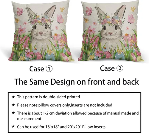 Miniatura 6 de Juego de 2 fundas de almohada de Pascua de 18 x 18 pulgadas, diseño de huevos de conejo, conejo, acuarela, rosa, azul, floral, con temática