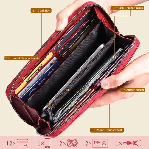 Miniatura 40 de VISOUL Cartera larga de cuero con cremallera para hombres y mujeres con bloqueo RFID, cartera larga de embrague grande con cremallera, Negro