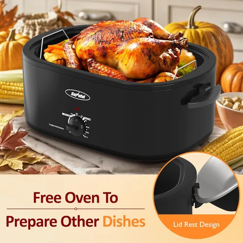 Miniatura 3 de Sunvivi Horno Eléctrico de 26 Cuartos con Tapa de Autohilvanado, Horno Eléctrico para Pavo con Bandeja Extraíble, Buffet de Asador de Pavo con Asas