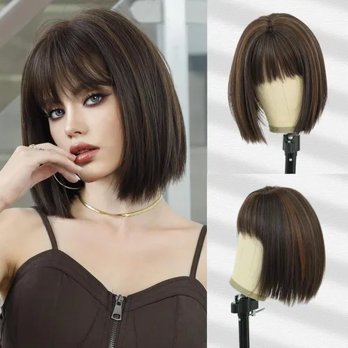 7JHH WIGS Peluca corta y lacia con flequillo de 12 pulgadas, peluca corta de cabello natural rubio natural con reflejos estilo Bob, cabello Peluca