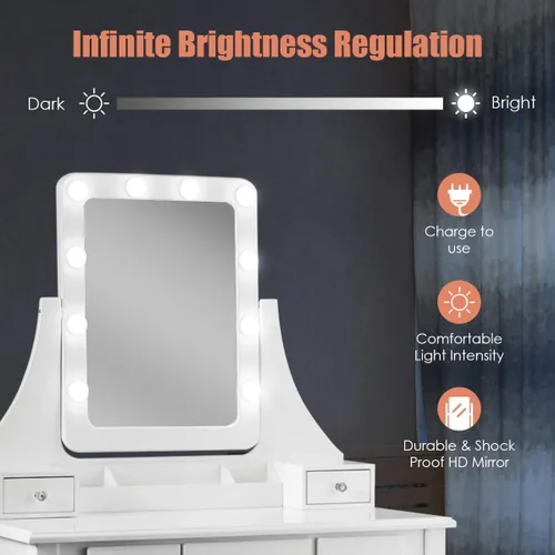 Miniatura 2 de COSTWAY Juego de escritorio de tocador con espejo iluminado, escritorio giratorio de 360° con 10 bombillas LED, tocador de maquillaje con 5 cajones