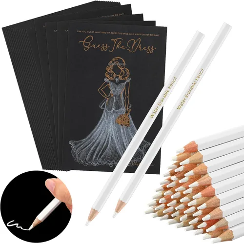 Fulmoon Paquete de 50 juegos de despedida de soltera Guess The Dress para invitados, incluye tarjetas de juegos de ducha de boda, lápices solubles
