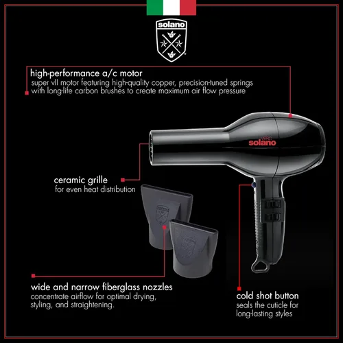Miniatura 3 de Solano Vero Ceramic - Secador de pelo iónico, antiencrespamiento, suavidad y brillo, secador de cerámica de alto rendimiento de 1600 W, secador