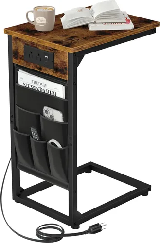 Miniatura 12 de AMHANCIBLE - Mesa auxiliar en forma de C con estación de carga, juego de bandeja para TV de 2 piezas, mesas de sofá con bolsa de almacenamiento