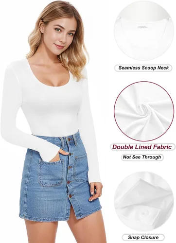 Miniatura 2 de MANGOPOP Double Lined Bodysuit Women Long Sleeve Scoop Neck Bodysuit Basic Shirts Tops