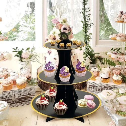 Miniatura 4 de Soleebee Soporte redondo de 3 niveles para cupcakes, torre de cartón para cupcakes, torre de soporte para pasteles de postre para decoración