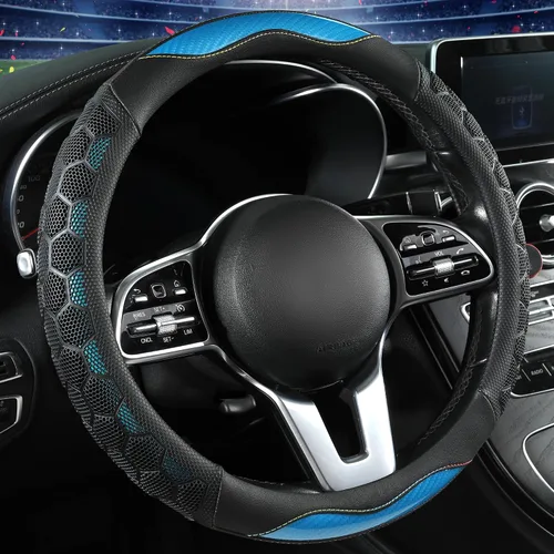 Miniatura 6 de Funda de cuero PU para volante de 14.5 a 15 pulgadas, agarre estilo fibra de carbono, antideslizante y transpirable, universal para sedán, SUV