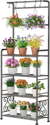 Miniatura 10 de GIOTORENT Soporte para plantas para interiores y exteriores, estantes de metal resistente de 4 niveles, exhibe hasta 17 plantas múltiples, soporte