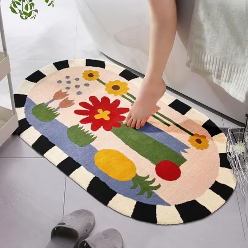 Alfombra de baño ovalada de 16 x 24 pulgadas, tapete absorbente lavable de dibujos animados para niños, tapete suave de cachemira sintética a rayas