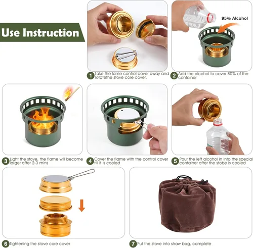 Miniatura 6 de Mini estufa de alcohol 2 en 1 para acampar, quemador de alcohol portátil con soporte cruzado de acero inoxidable, bolsa de almacenamiento, pequeña