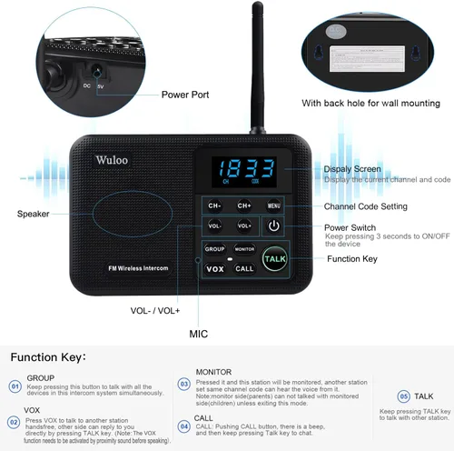 Miniatura 5 de Wuloo Intercomunicadores inalámbricos para el hogar 1 milla de alcance 22 canales 100 pantalla de visualización de código digital, sistema de Negro
