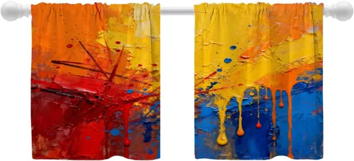Miniatura 11 de Shrahala Beige and Orange Abstract Art Brushstrokes Blackout Curtain Tiers, Abstract Oil Paint Kitchen Valance Light Blocking Tier Drapes with Rod